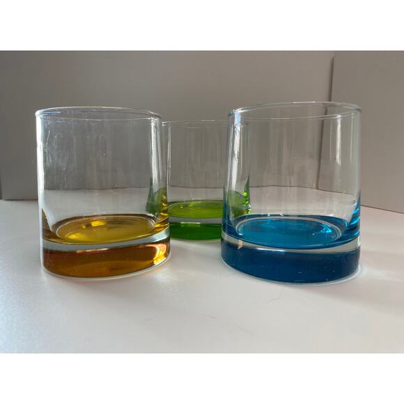 Vintage Double Old Fashioned glasses, DOF, Tumblers, blue green gold, set of 3 - Picture 1 of 5
